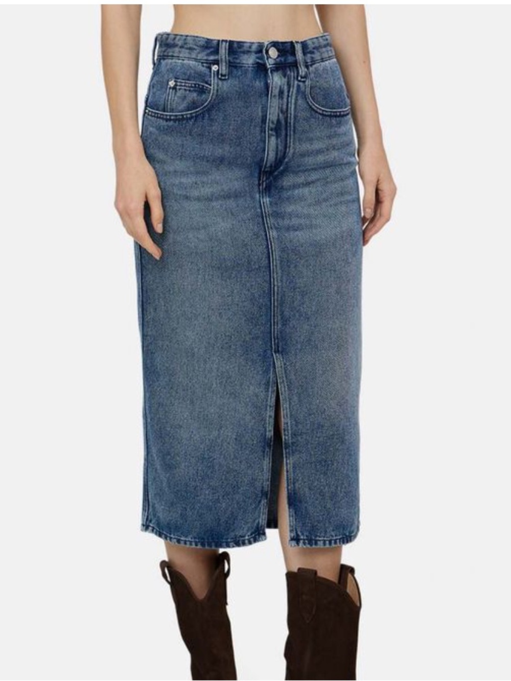 Isabel Marant Etoile Denim Midi Skirt in Blue with Center Front Slit